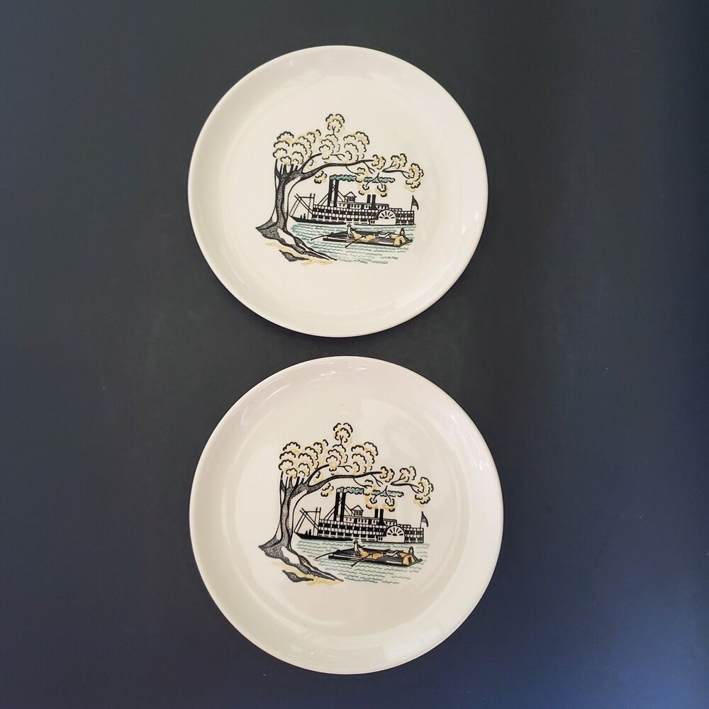 MCM Marcrest American Heritage 2 Bread/ Dessert Cake Plates River Steamboat Vtg